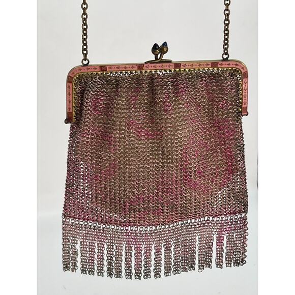 Antique Ornate German Enamel Mesh Coin Purse Bag Pink Repousse Frame Lining good - Picture 1 of 16